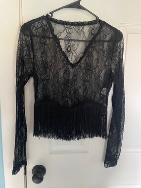 Black Lace Fringe V-Neck Long Sleeve Top